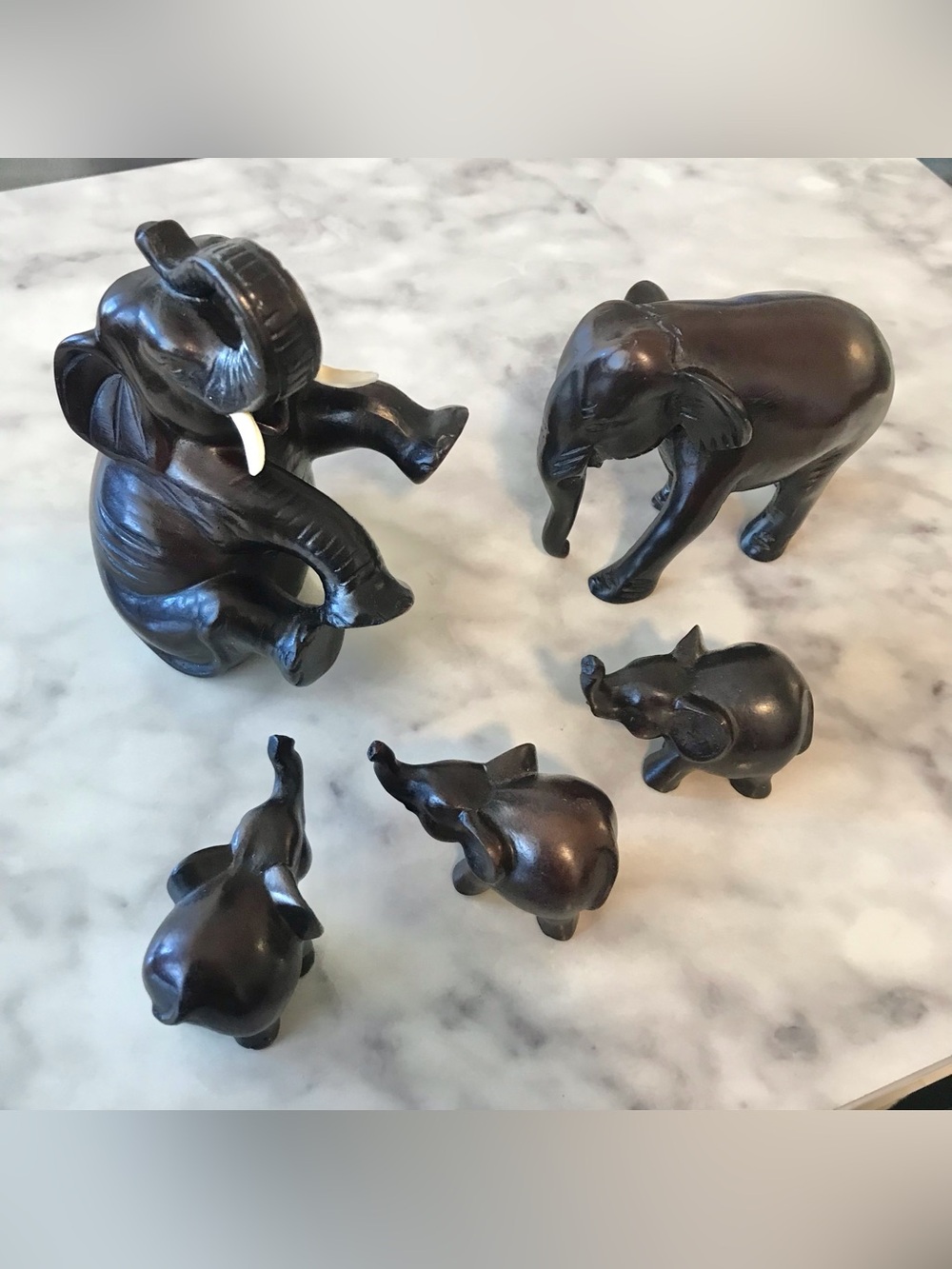 Vintage African Hand Carved Wood Elephant Family Set 5 Folk Art Safari Decor EUC
